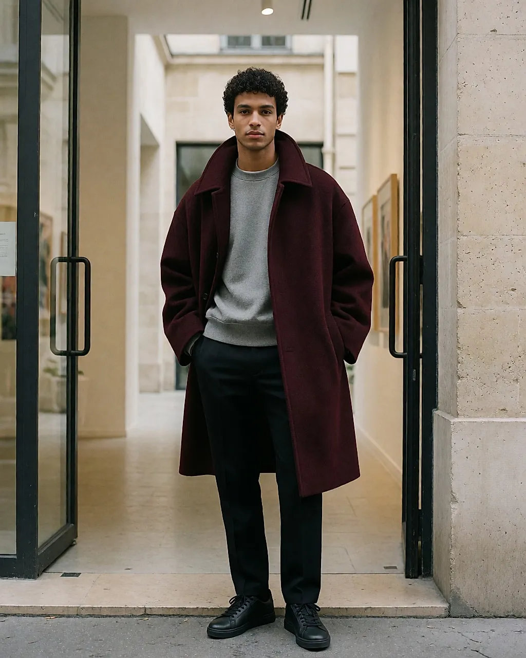 Young mixed-heritage man in an oversized burgundy wool coat, grey sweatshirt and black trousers, in a contemporary art courtyard