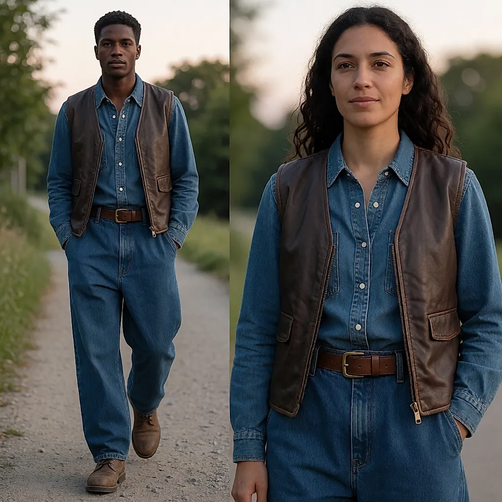 Young Black man walking at dusk, short leather jacket over a long denim shirt, wide trousers and worn boots
