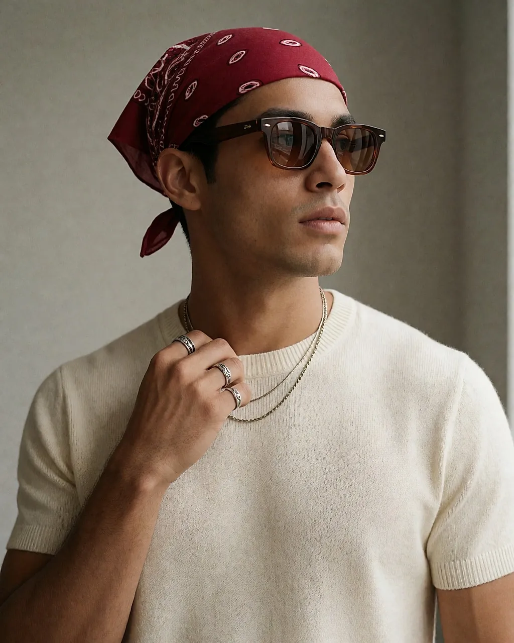 Latino man wearing a dark red bandana, amber tinted glasses and stacked fine rings, adjusting his collar