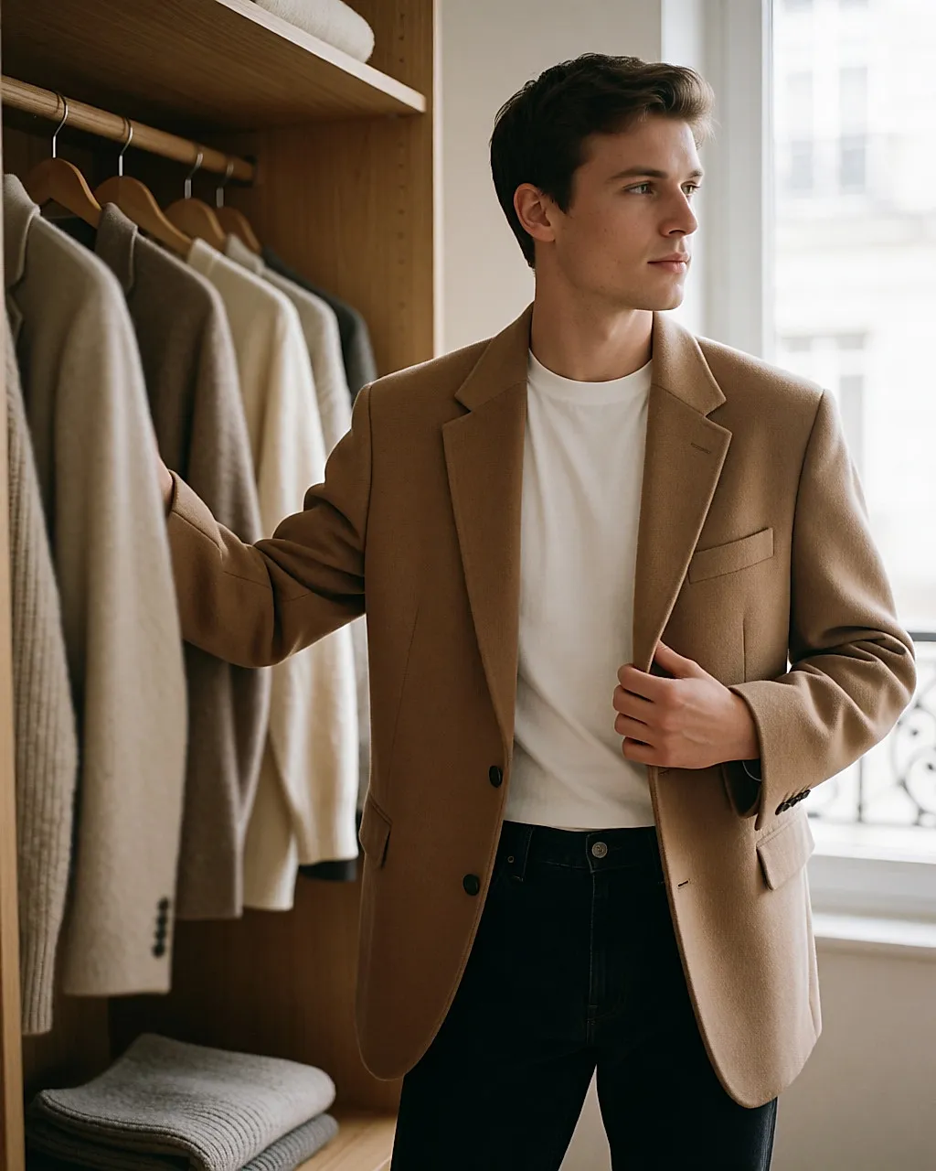 Jovem num quarto de vestir luminoso a ajustar um blazer de lã camel oversize, T-shirt branca e jeans escuros
