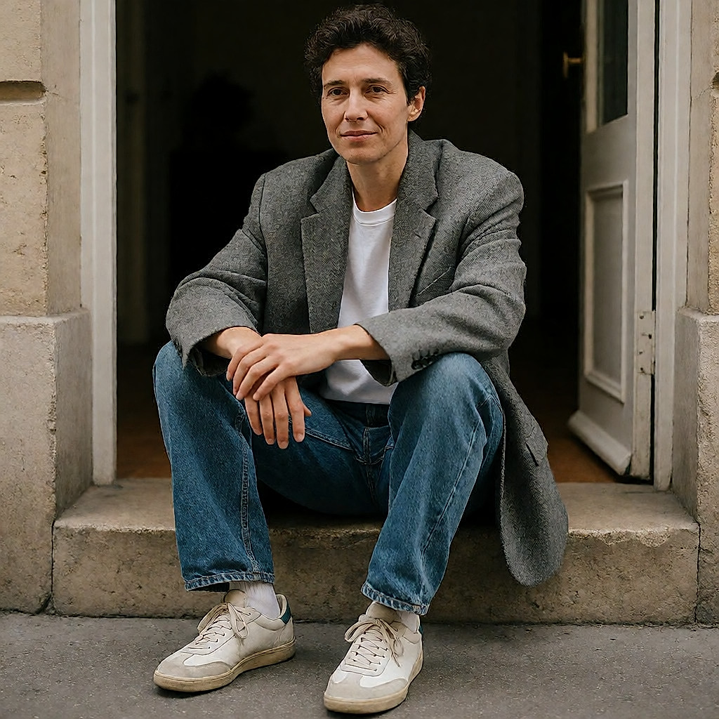 Man sitting on a front step, oversized grey wool blazer over a white tee, raw denim jeans and worn low-top sneakers