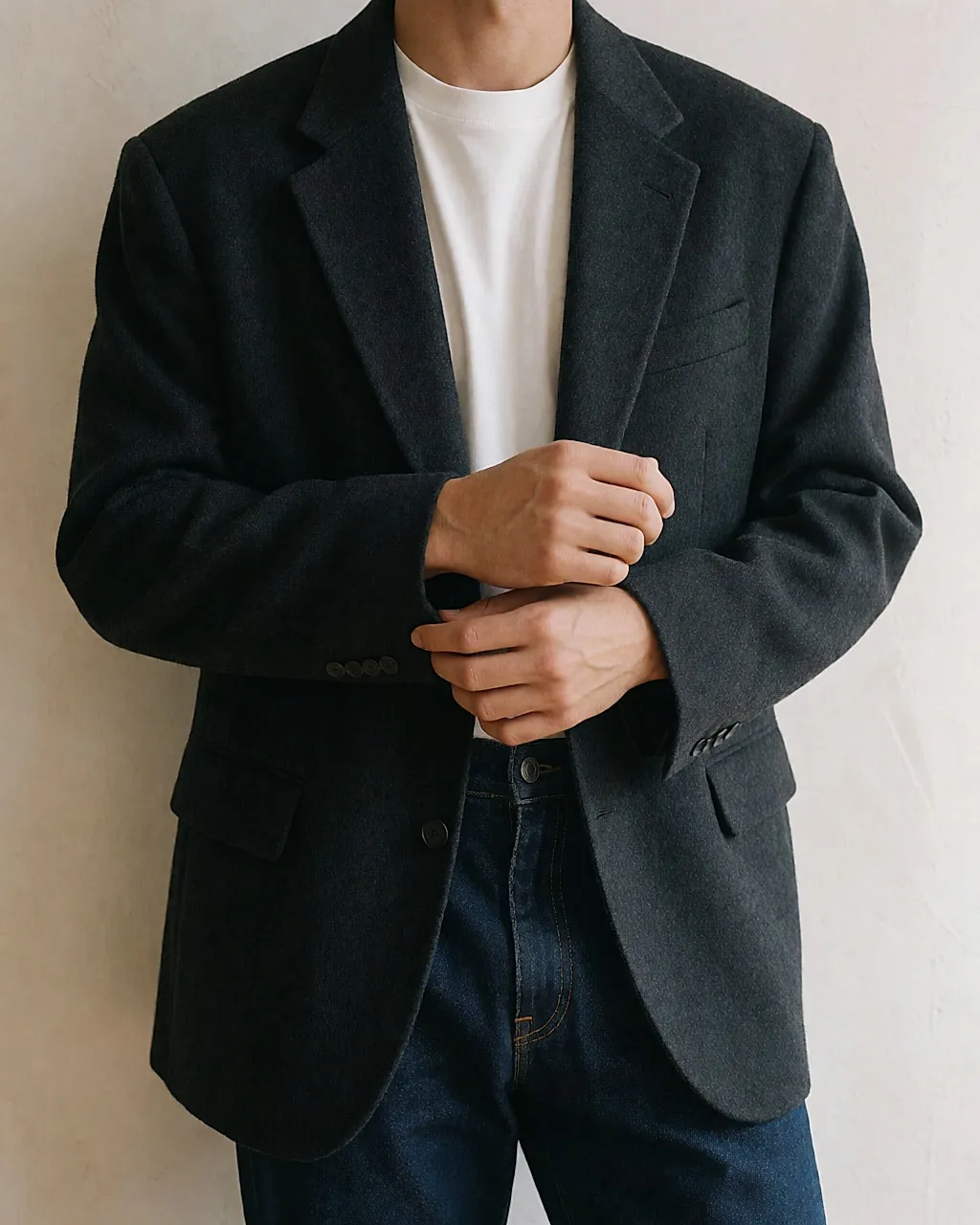 Detalhe do punho de um blazer de lã oversize ajustado sobre jeans em denim cru índigo