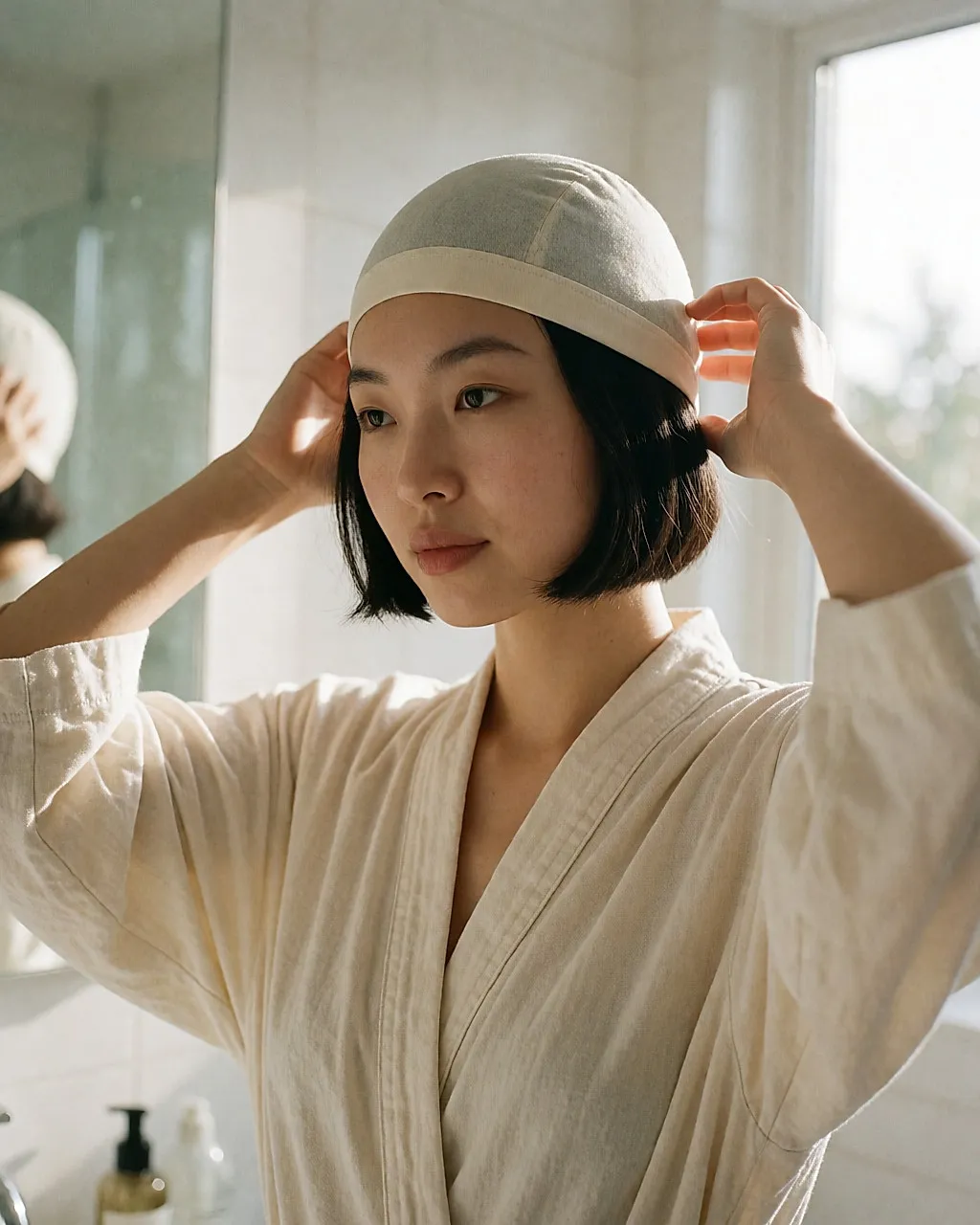Jeune femme posant une perruque sur un bonnet fin en coton, geste d'ajustement devant un miroir