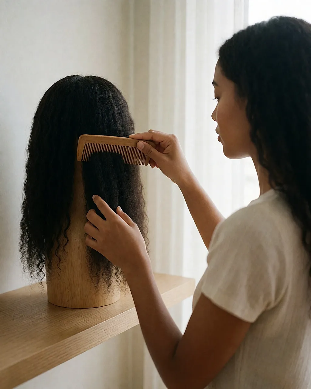 Jeune femme peignant une perruque en cheveux naturels posée sur un support en bois