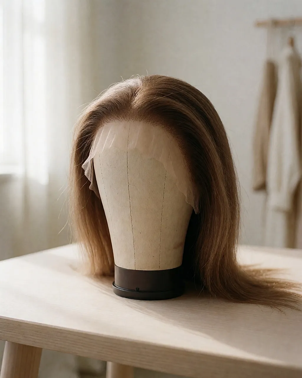 Détail macro d'une base en dentelle fine sur un mannequin de perruque, ligne d'implantation invisible