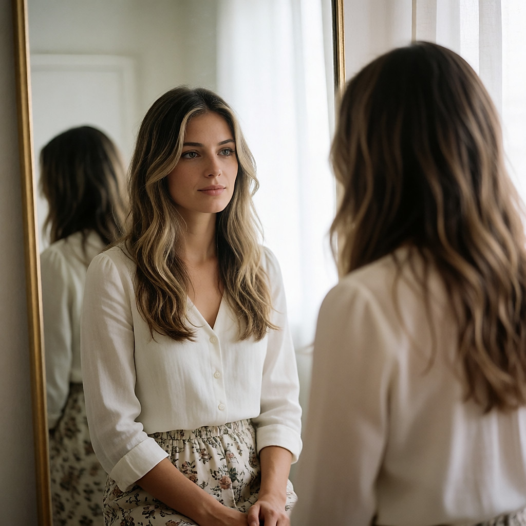 Jeune femme coiffée d'une perruque à effet racines, ajustée au salon devant un miroir