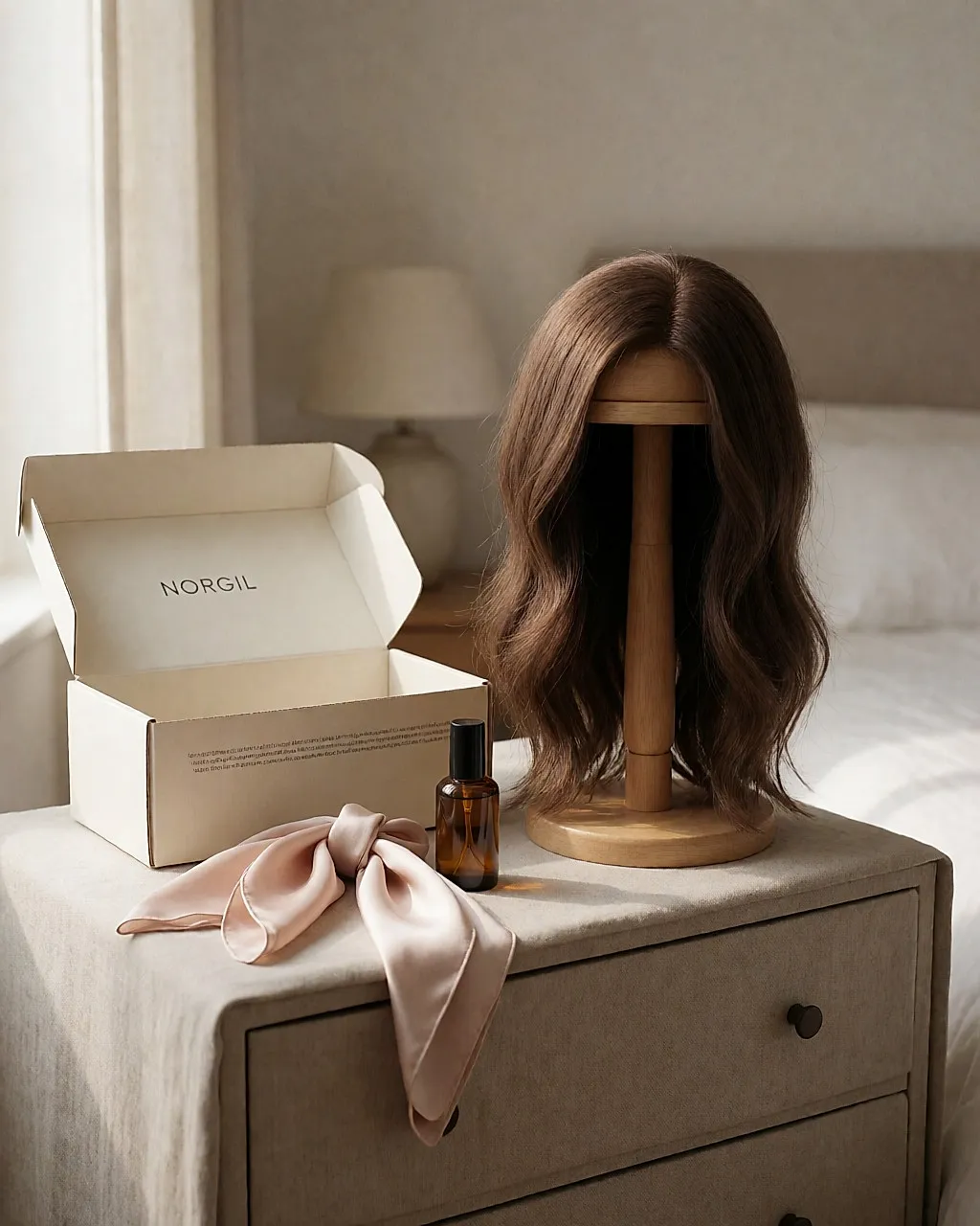 Perruque Norgil en cheveux naturels sur son support, boîte ouverte à côté