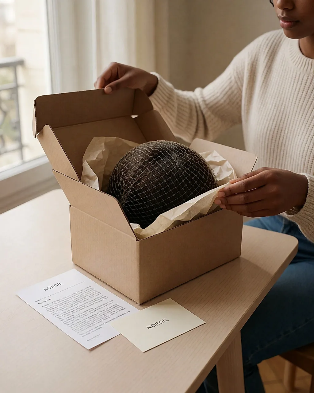 Colis ouvert : une perruque Norgil en cheveux naturels sort de son emballage
