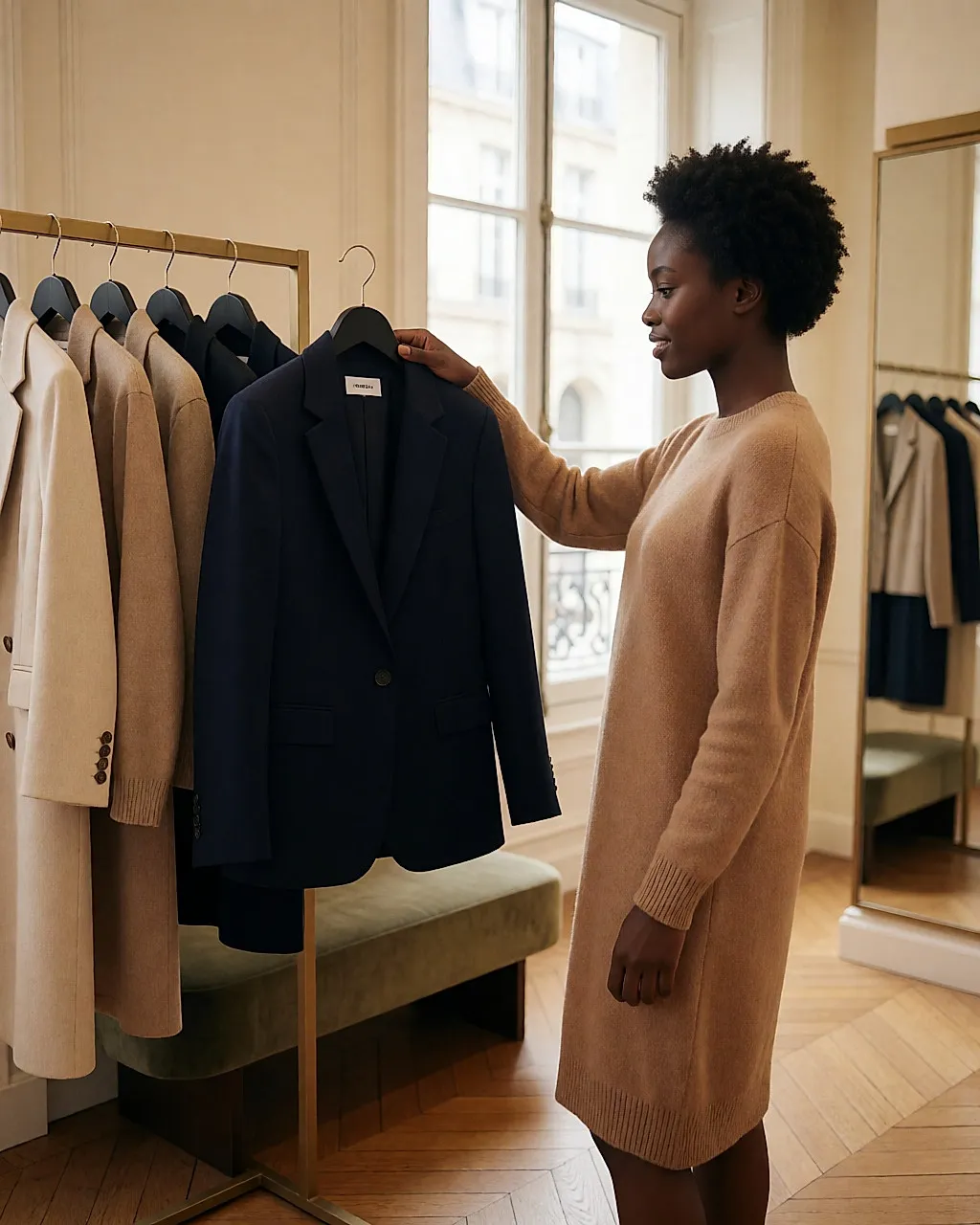Customer examining a structured blazer inside a department store's private fitting suite