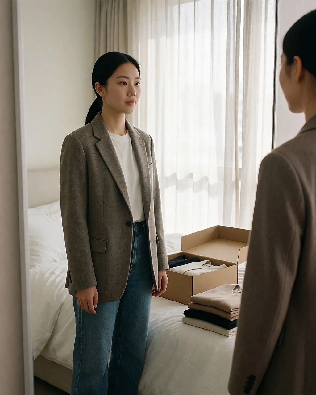 Young woman trying on a blazer in front of a mirror, a stylist's parcel open on the bed