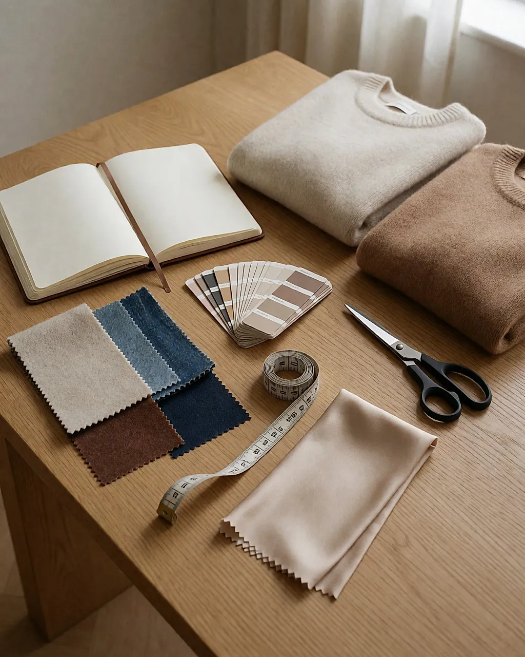 Stylist's brief laid out flat: a colour card, fabric swatches, a tape measure and folded knitwear