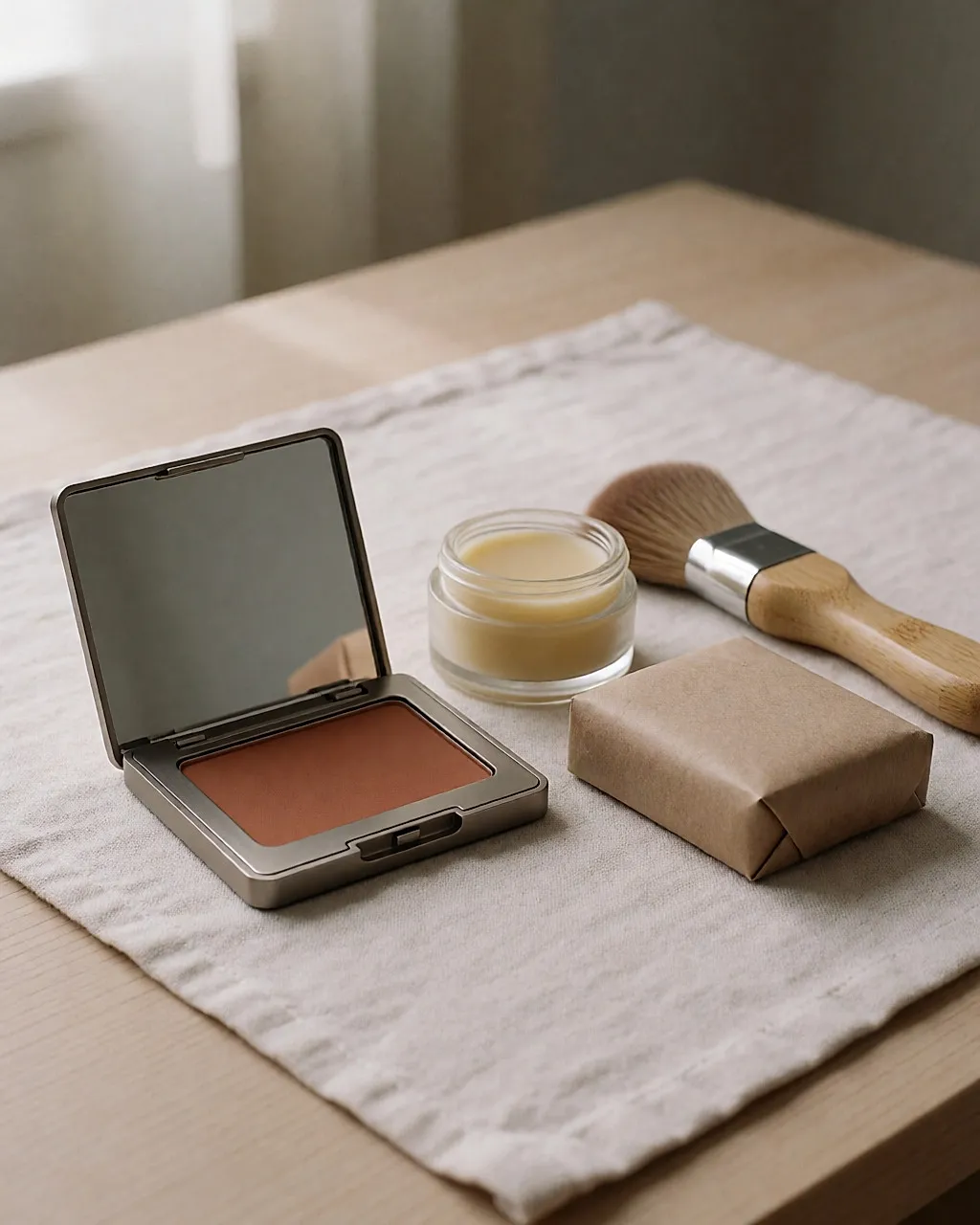 Nachfüllbare Make-up-Palette, fester Lidschatten und natürliche Accessoires auf Leinen
