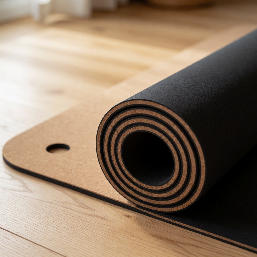 Détail de deux tapis de Pilates déroulés sur parquet, liège et TPE, montrant épaisseur et matière
