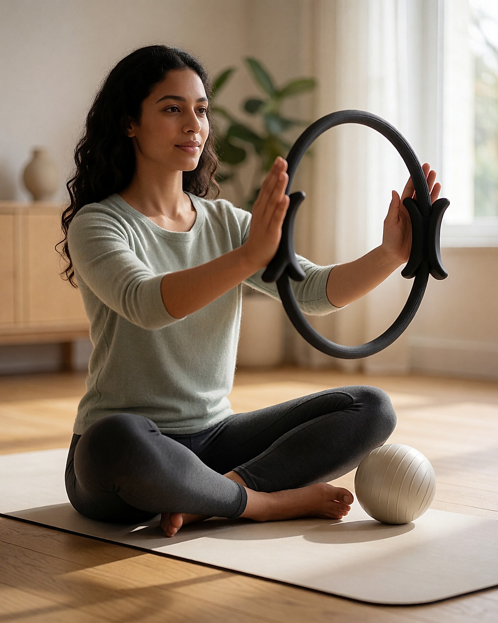 Jeune femme assise sur un tapis, cercle de Pilates serré entre les mains, mini-balle près du genou
