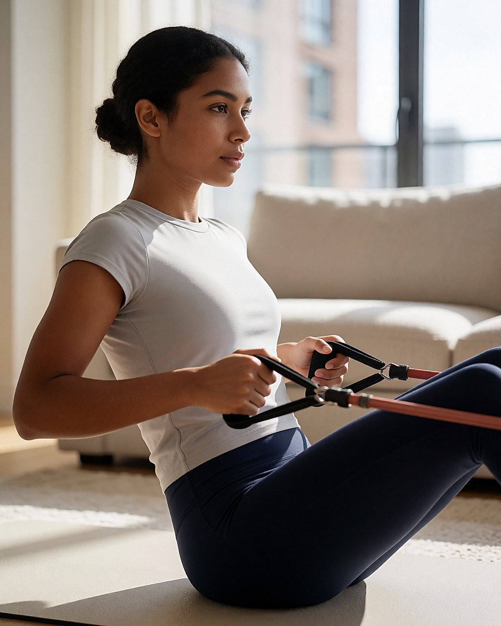 Femme assise sur un tapis, tirage à la bande de résistance passée autour des deux pieds
