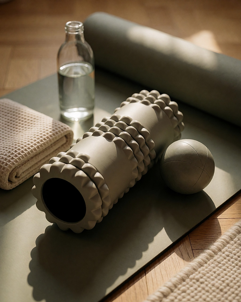 Rouleau à picots texturé et balle de massage posés sur un tapis, détail en lumière chaude