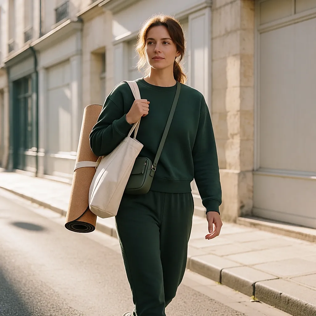 Mujer caminando por la calle con una esterilla de Pilates enrollada al hombro