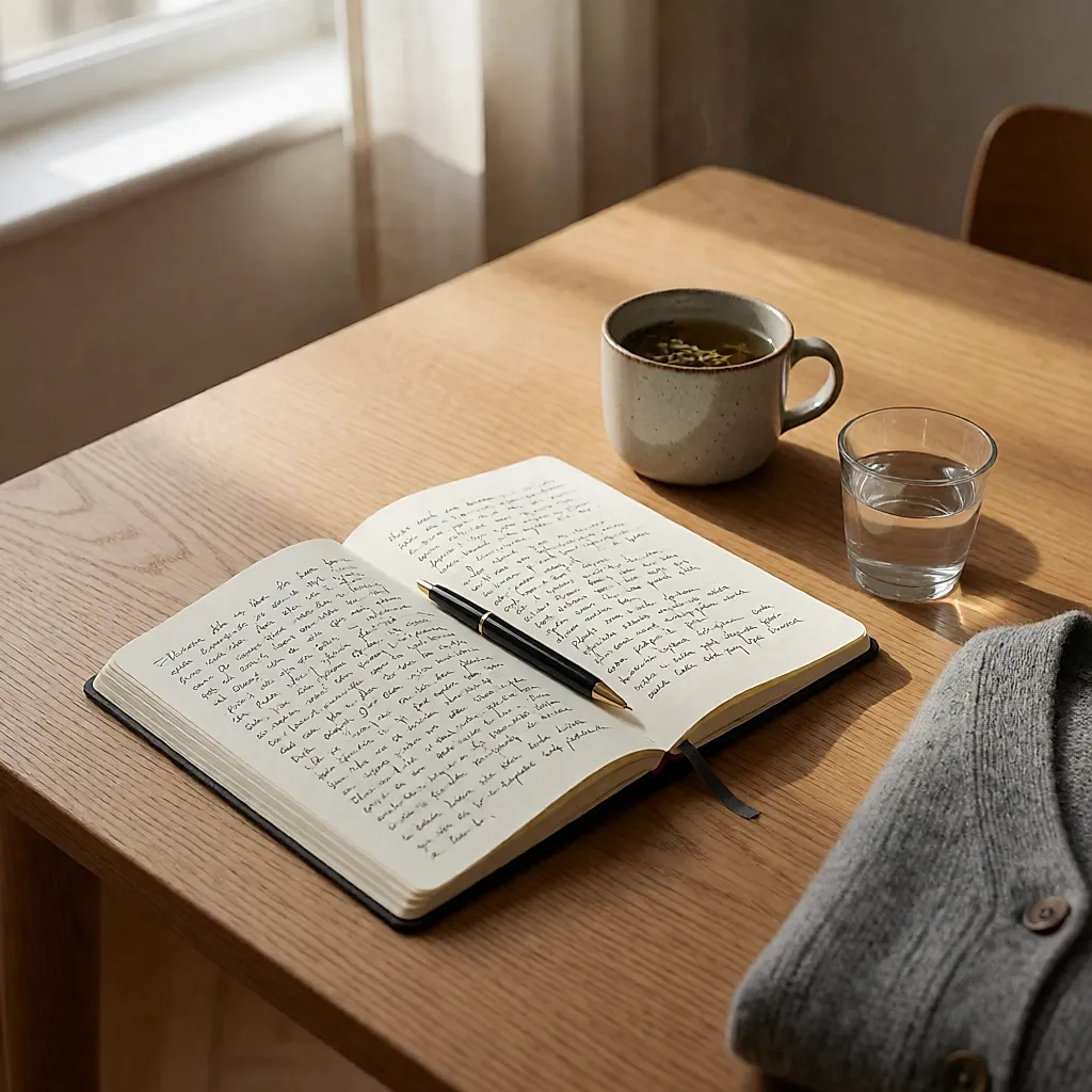 Cuaderno abierto con notas manuscritas y una taza de té sobre una mesa de madera
