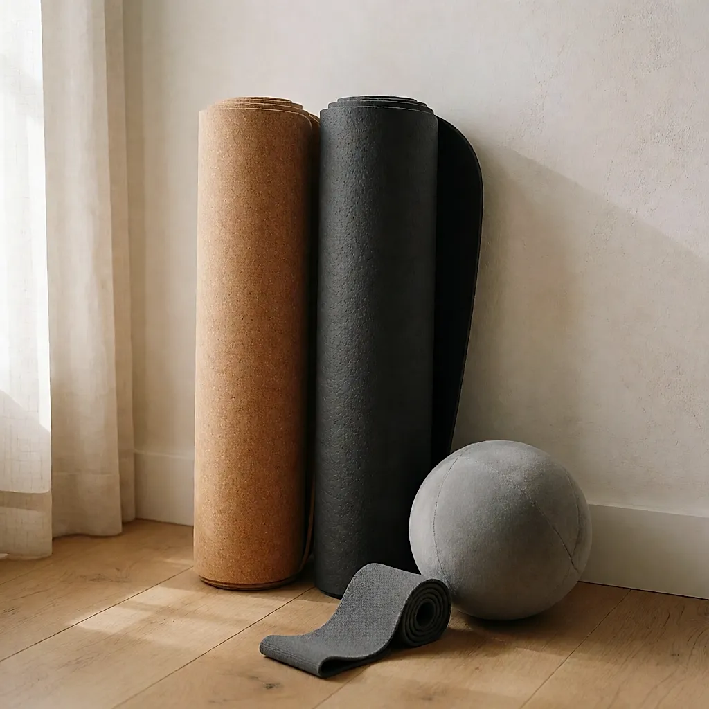 Esterillas de corcho y caucho natural enrolladas junto a una pelota y una banda elástica
