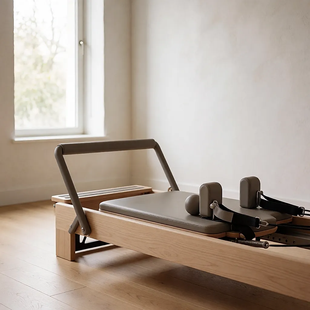 Reformer de Pilates con muelles metálicos y correas en un estudio luminoso