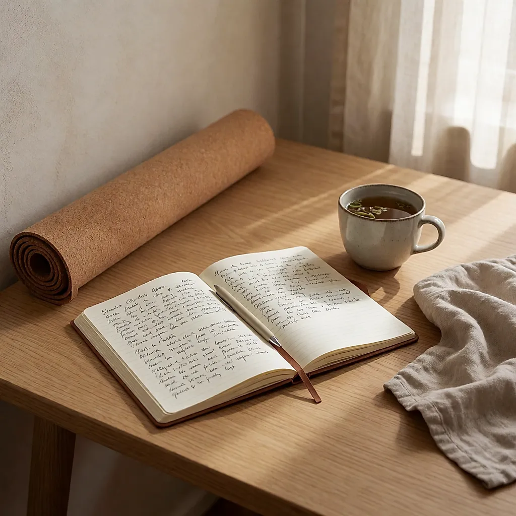 Aufgeschlagenes Notizbuch mit handschriftlichen Notizen neben einer Tasse Tee und einer Matte