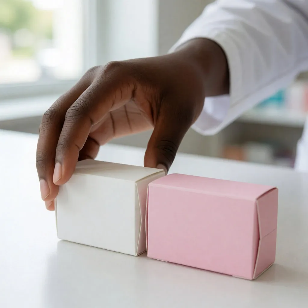 A black hand places two unbranded emergency contraception boxes on a pharmacy counter