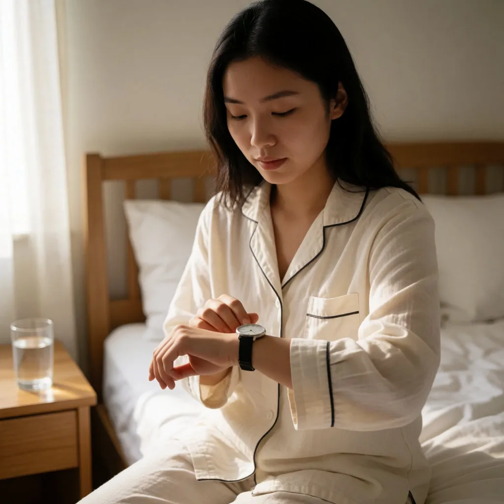 Young Asian woman looking at her watch in a room bathed in morning light