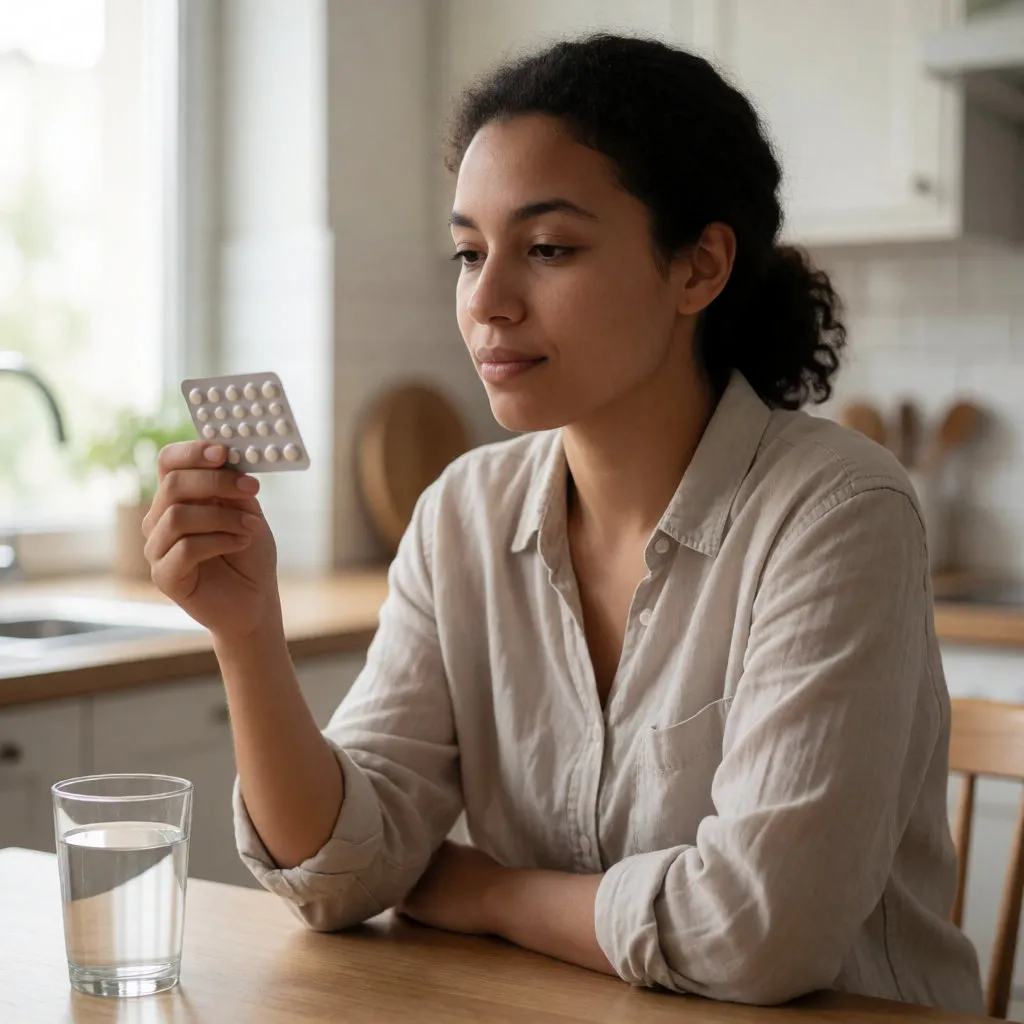 Young mixed-race woman holding an unbranded pack of contraceptive pills at her kitchen table