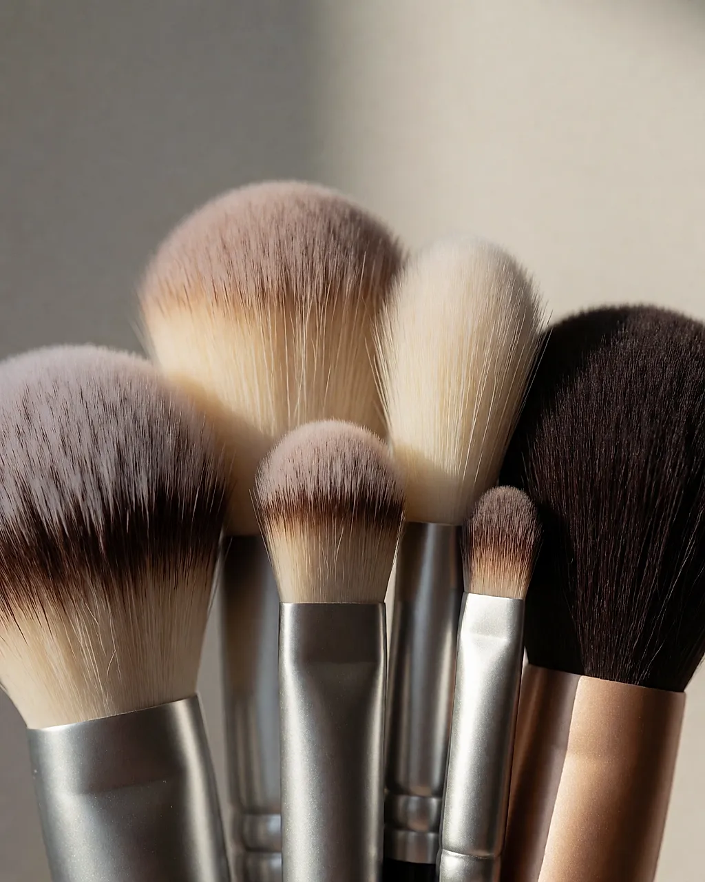 Detalle macro de las cerdas de varios pinceles de maquillaje