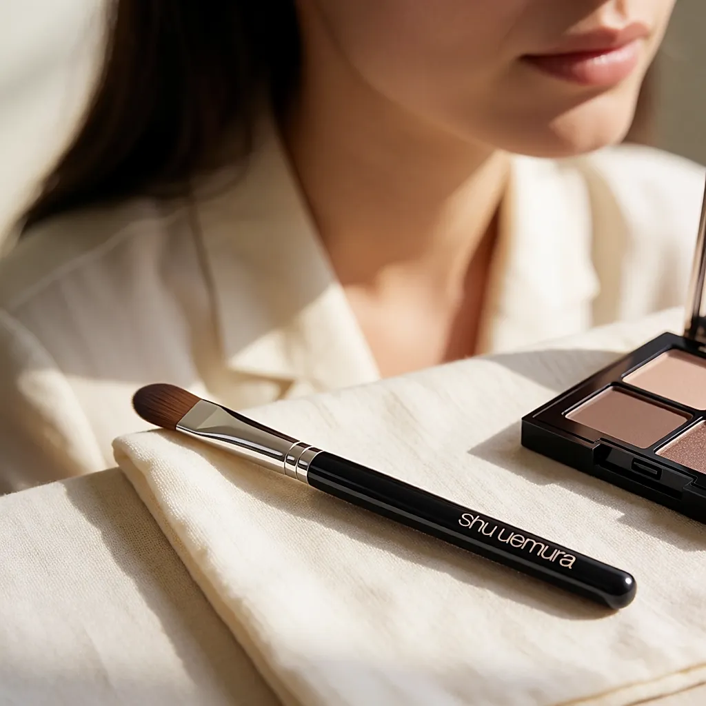 A Shu Uemura angled blending brush resting on pale linen, with soft bristles cut at an angle