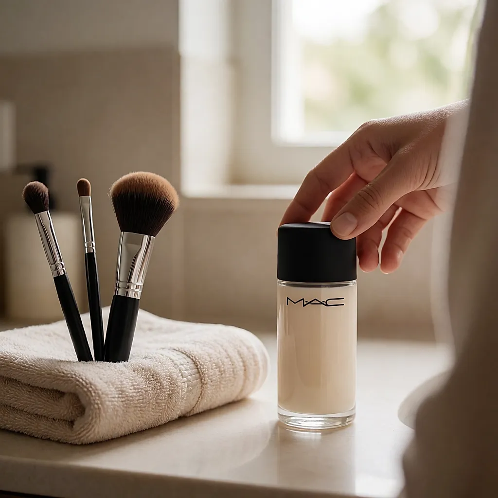 A bottle of MAC brush cleaner on a bathroom counter next to clean brushes