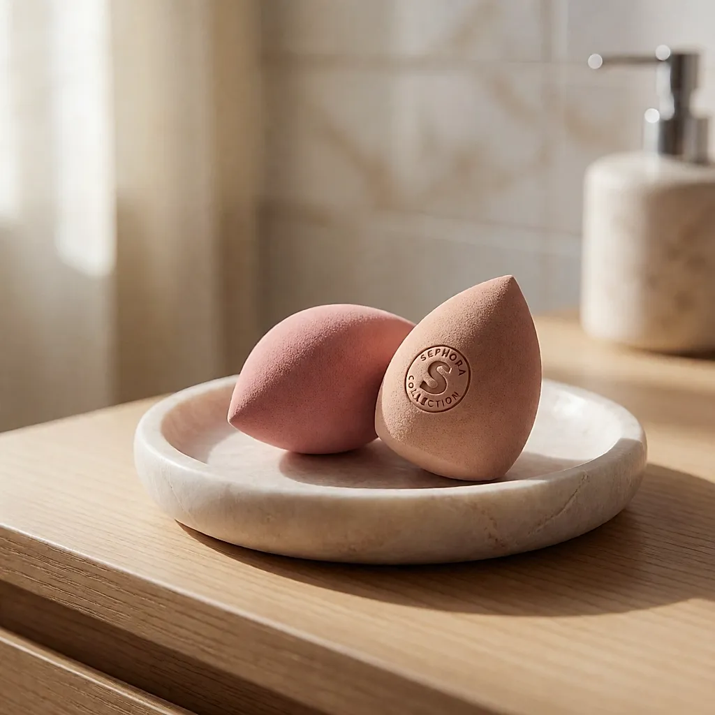 Two damp Sephora make-up sponges on a pale stone dish