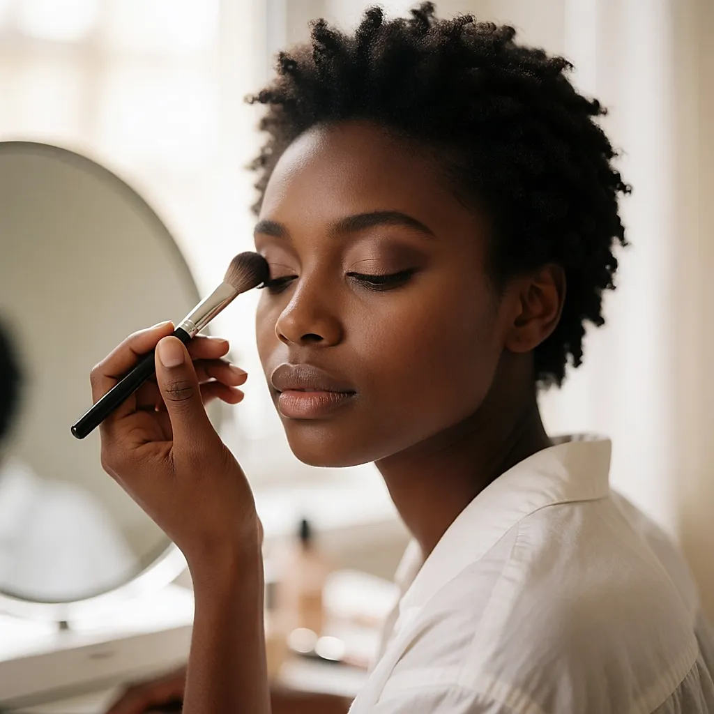 A young woman applies a taupe eyeshadow with a small fluffy brush in front of a mirror