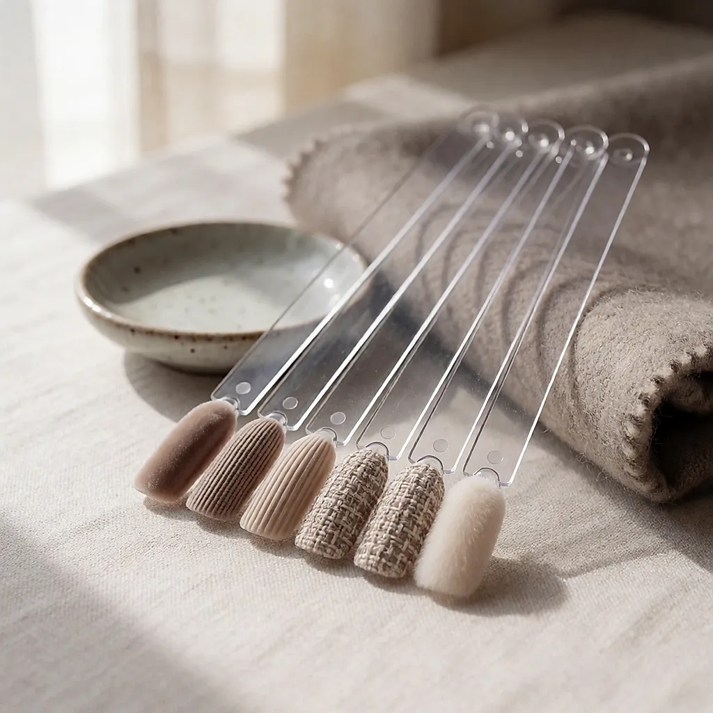 Planches d'ongles testant des finitions texturées : velours, maille, tweed et plumes