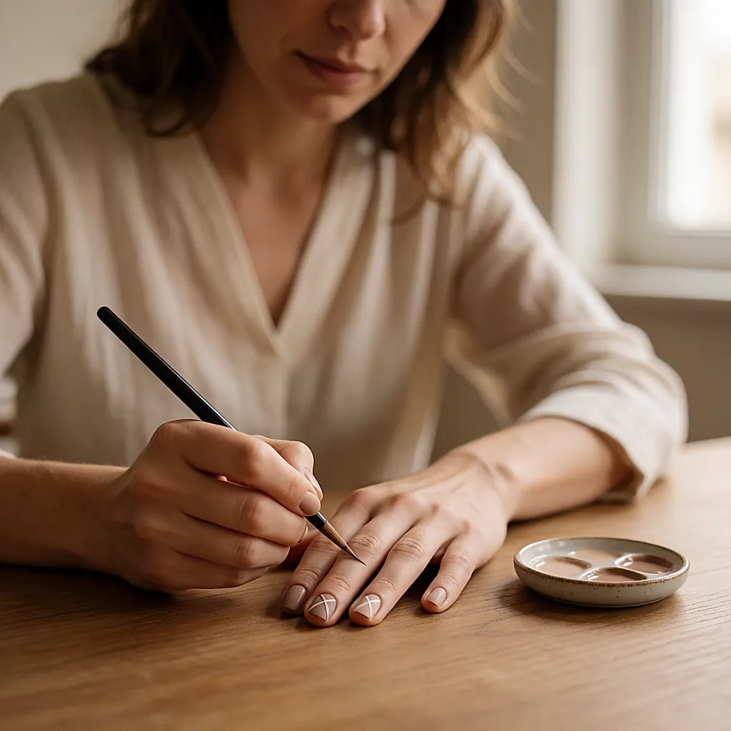 Une main trace de fines lignes entrecroisées sur un ongle mat pour imiter le tweed