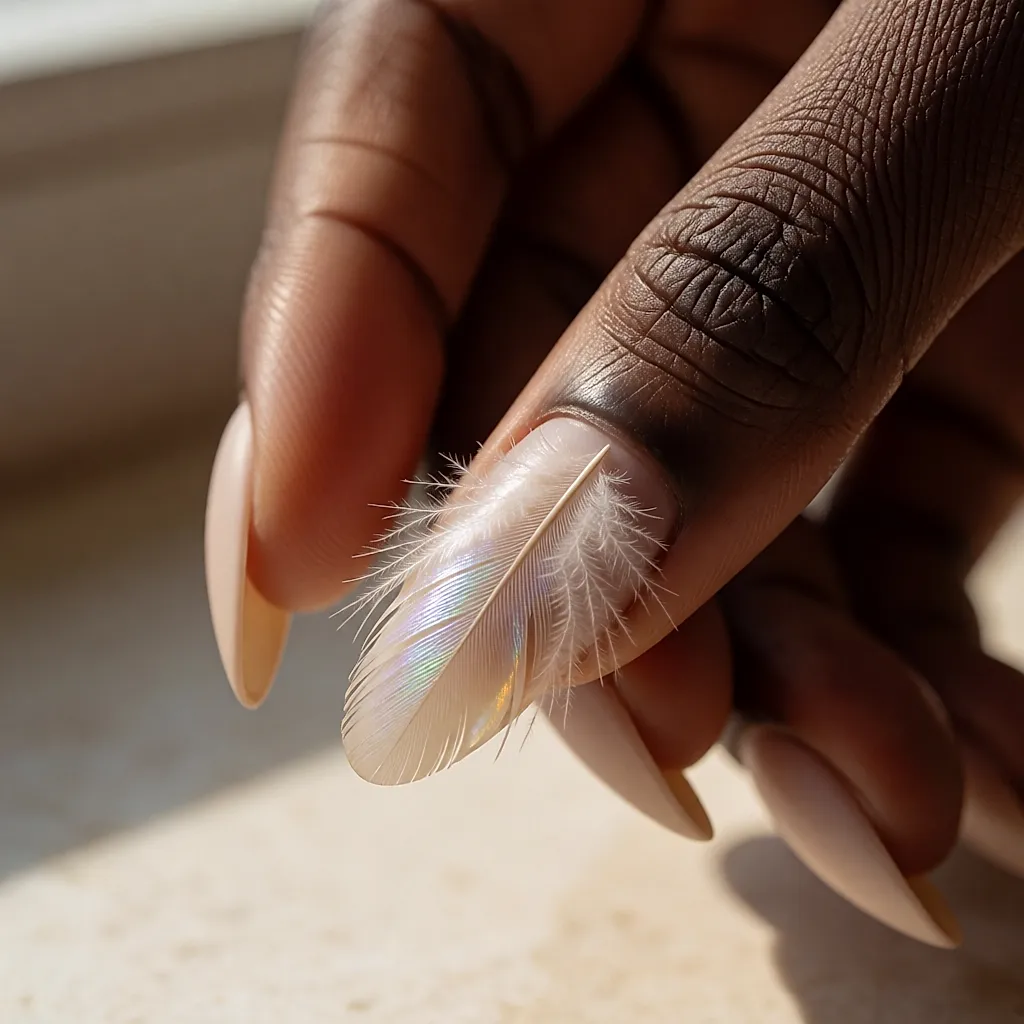 Macro d'un ongle où une plume translucide est scellée sous une fine couche de gel