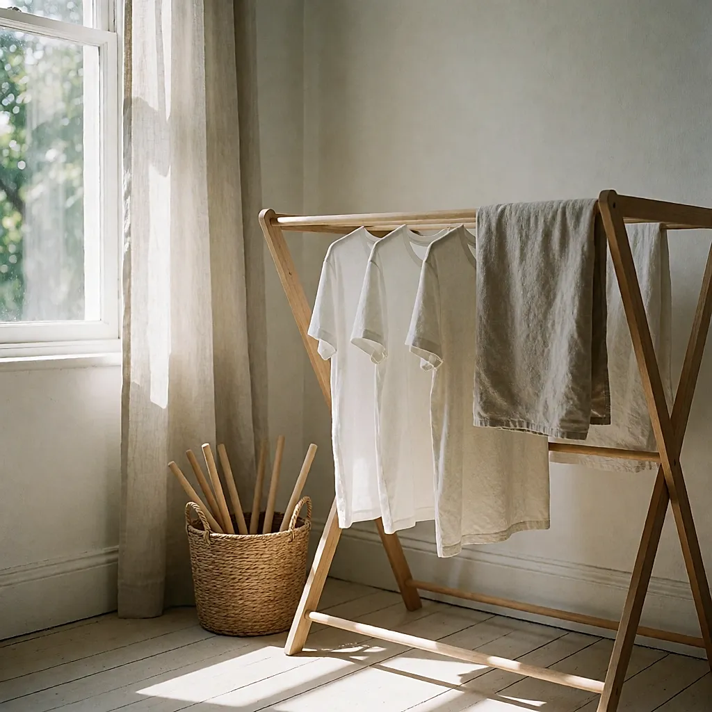 Roupa húmida pendurada num estendal interior junto a uma janela luminosa