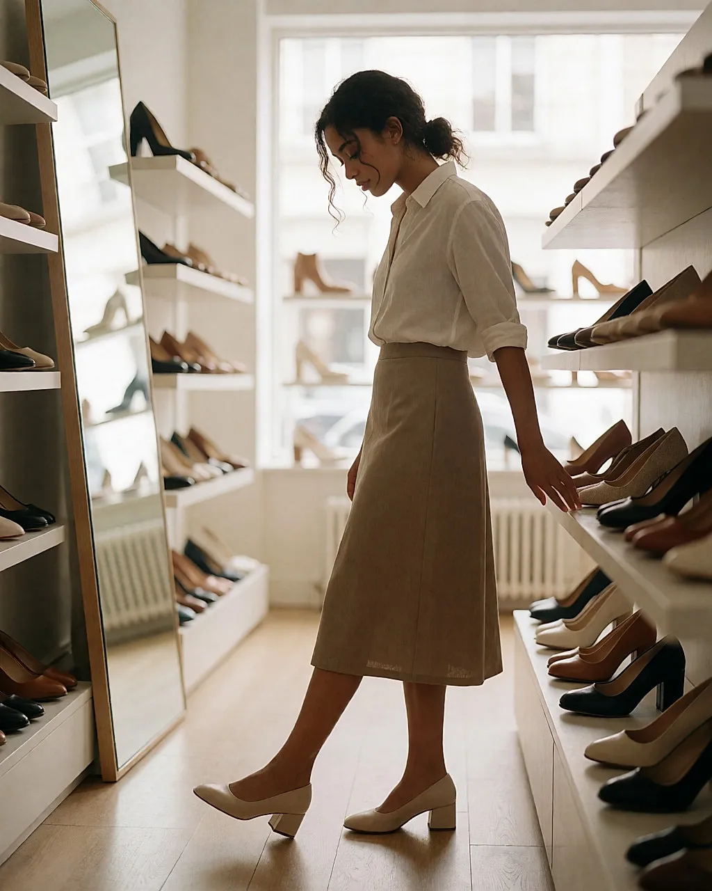 Customer testing how stable a block-heeled shoe feels in a shoe shop