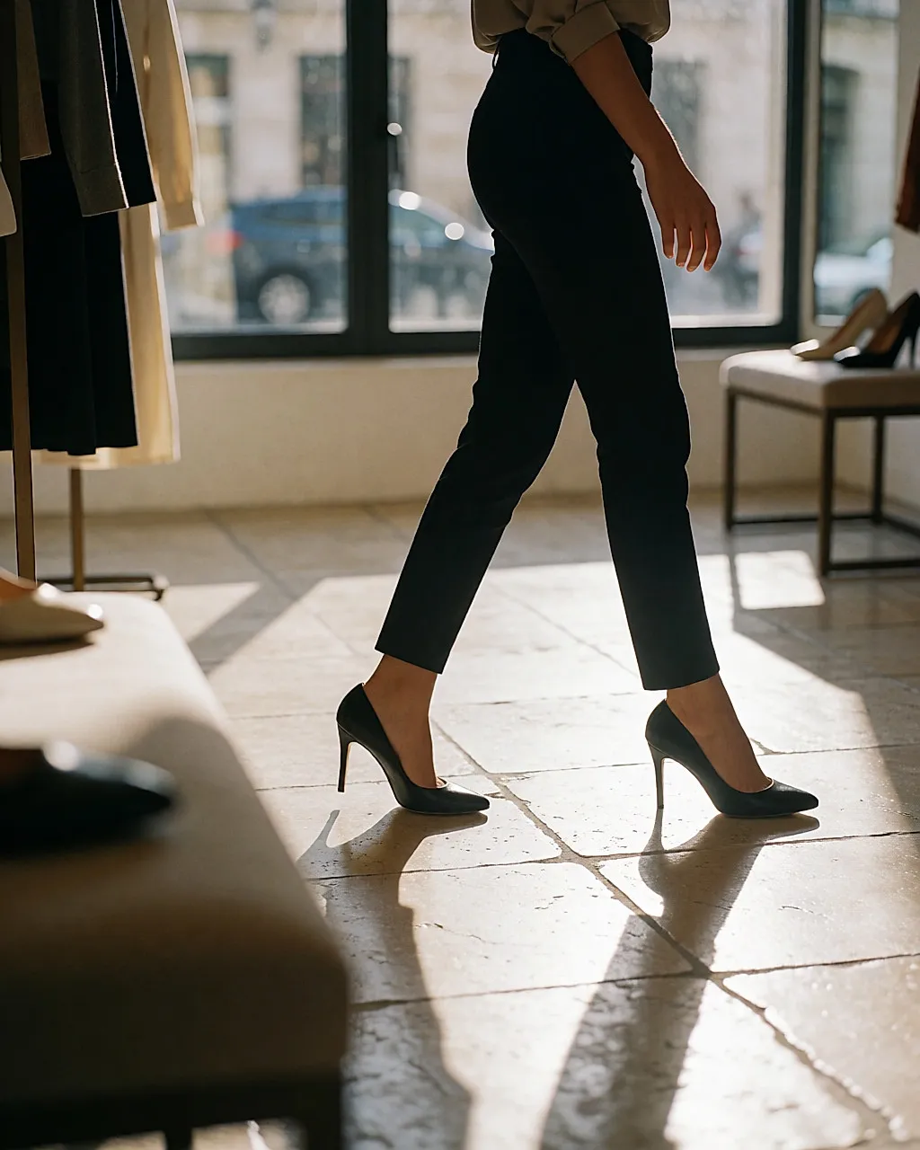 Woman walking a few steps on a hard floor to test a pair of heels