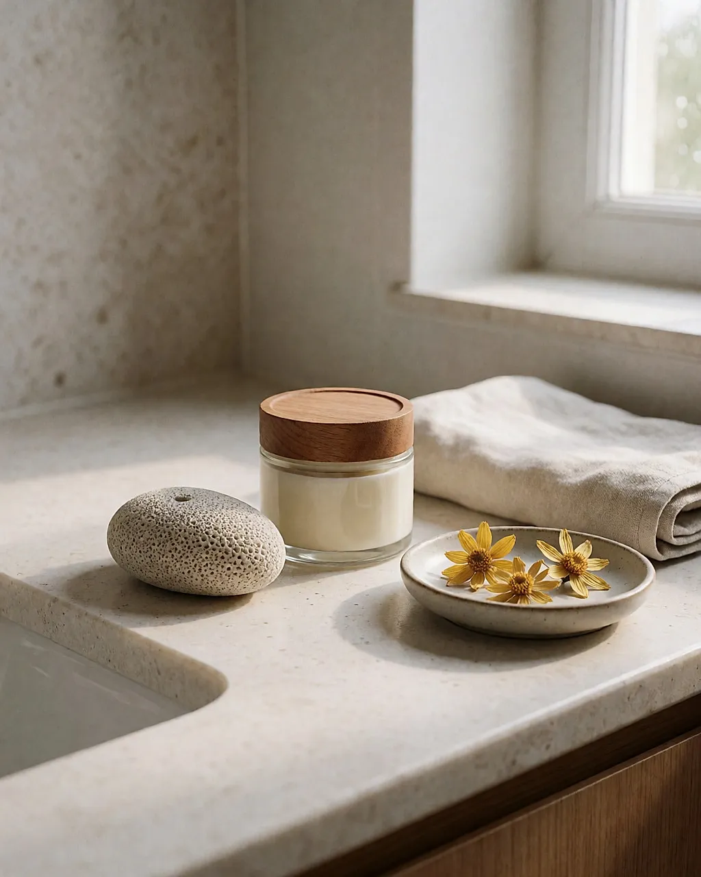 Natural pumice stone and a glass jar of shea butter cream on a bathroom shelf