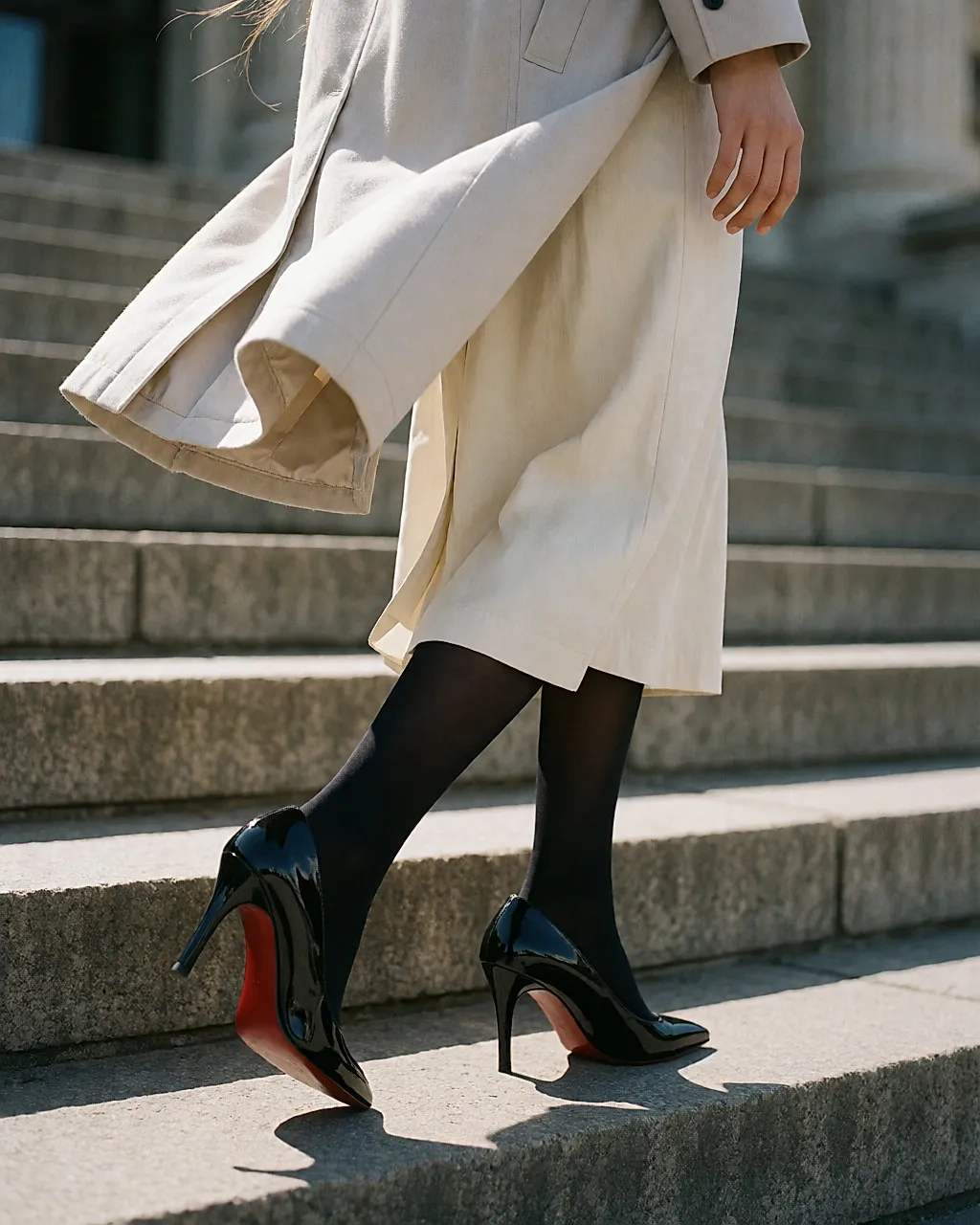 Black stiletto court shoe worn on a stone staircase, red sole visible