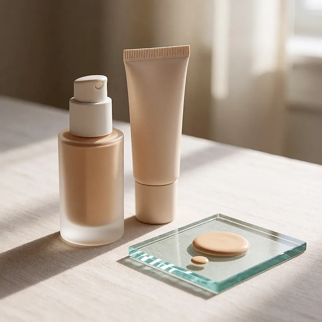 Un flacon de fond de teint fluide et un tube de BB crème sur une surface claire, avec une goutte de texture