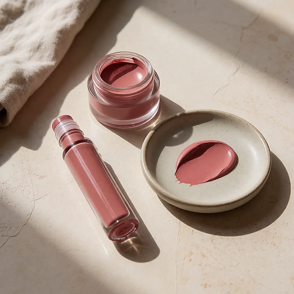 Trois textures de blush, crème en pot de verre, liquide en flacon et gel sur une coupelle en céramique