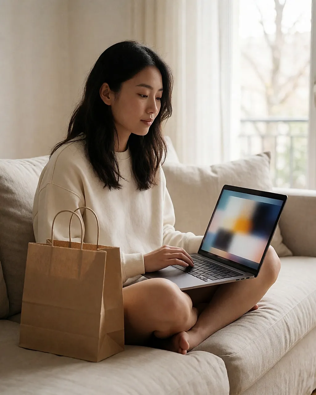 Junge Frau sitzt auf einem Sofa, Laptop auf den Knien, daneben auf dem Boden eine Papiertüte