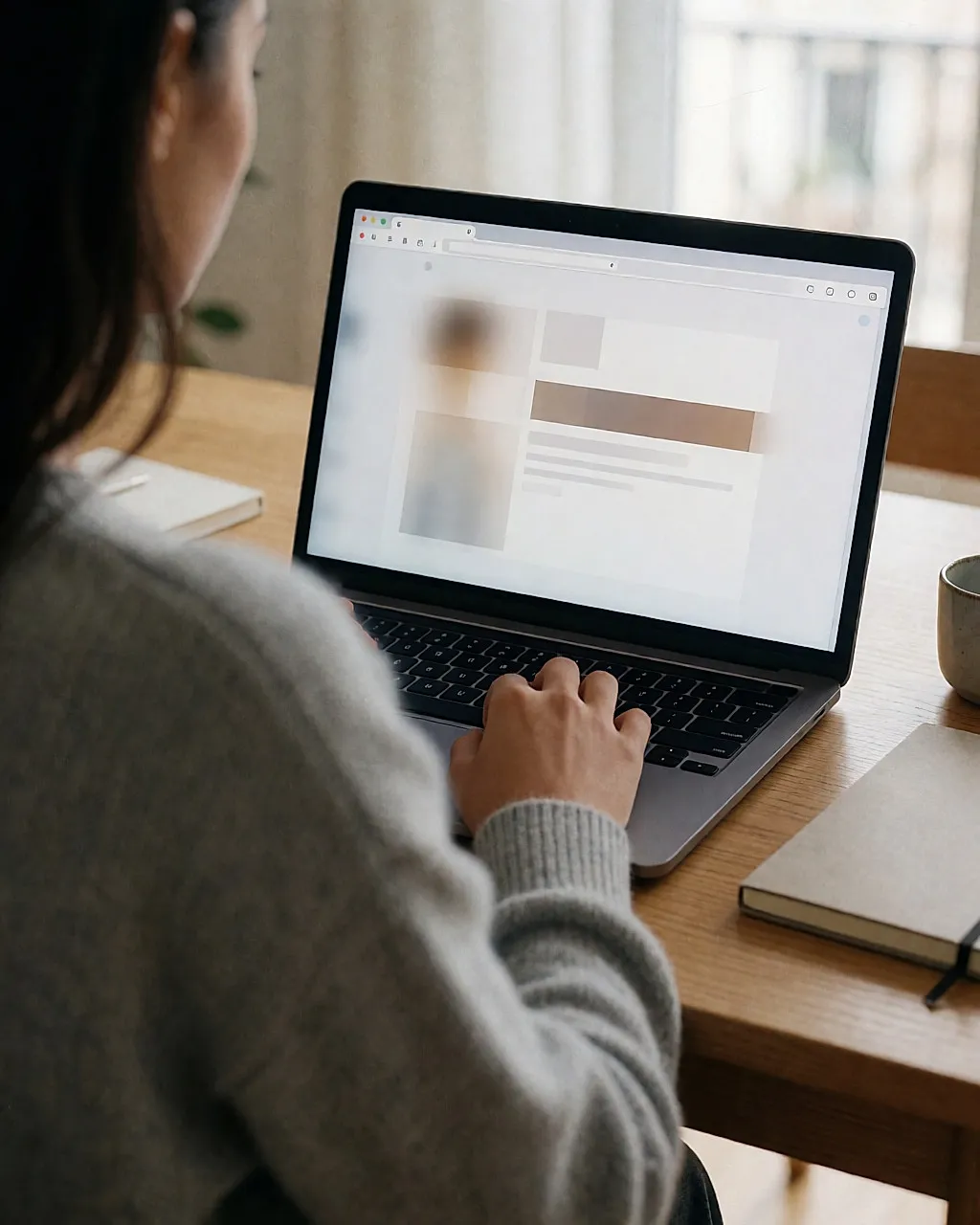 Blick von hinten über die Schulter einer jungen Frau am Computer, Bildschirm verschwommen ohne lesbaren Text