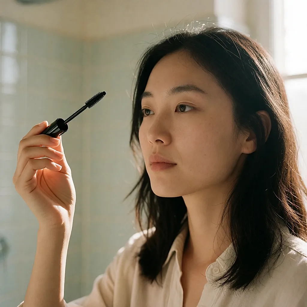 Une femme examine l'embout d'un mascara face à la lumière de la fenêtre