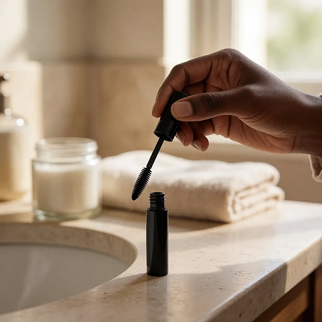 Une main essuie la tige du mascara sur le rebord du tube au-dessus du lavabo