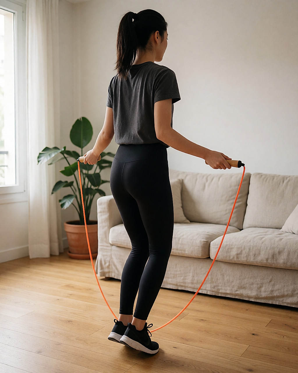 Jeune femme sautant à la corde dans un salon lumineux, sur un parquet en chêne