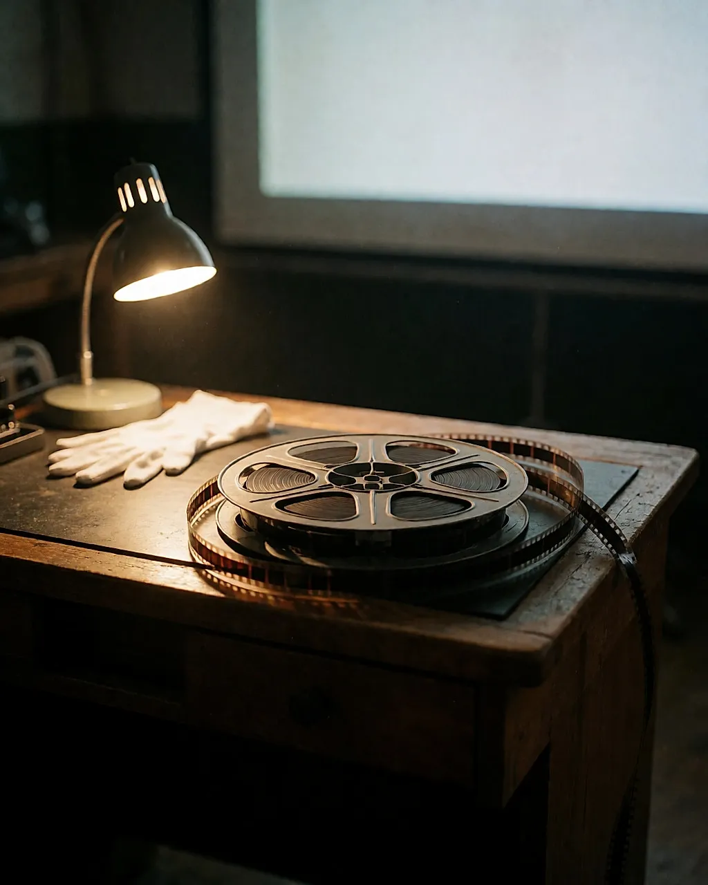 Bobine de film 16 mm et lampe chaude sur une table de montage, écran de projection flou