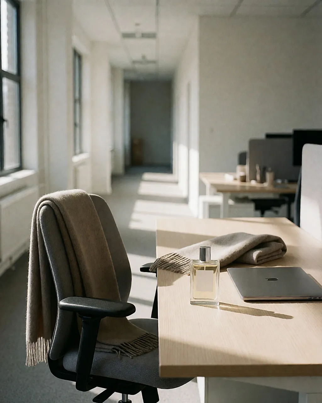Flacon de parfum sur un bureau d'open space, écharpe de laine posée sur le dossier d'une chaise